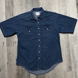 VTG Rockmount Ranch Wear Sz M Relaxed Fit Denim Diamond Pearl Snap Western Shirt